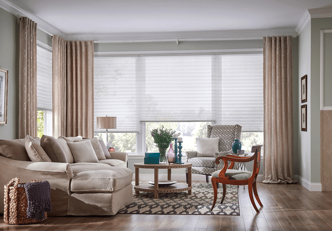 living room with cellular shades - heat-blocking window shades